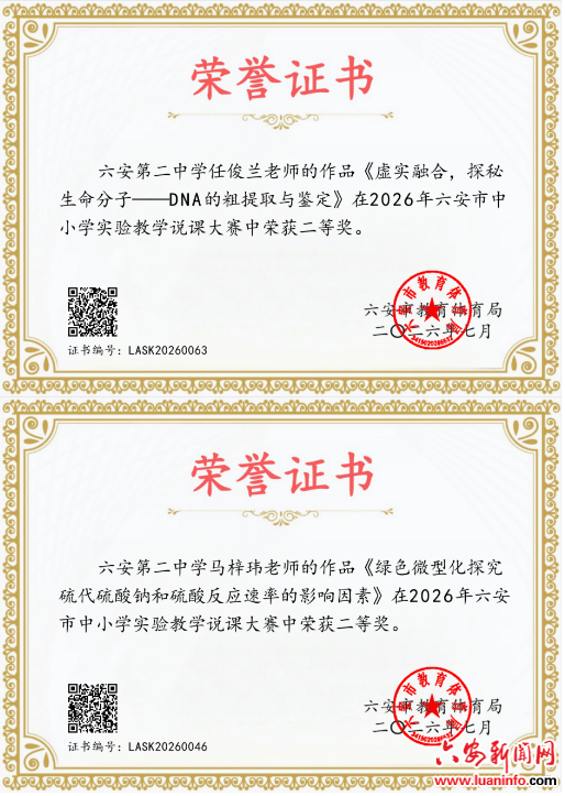 六安二中两位教师在市实验教学说课大赛中获奖
