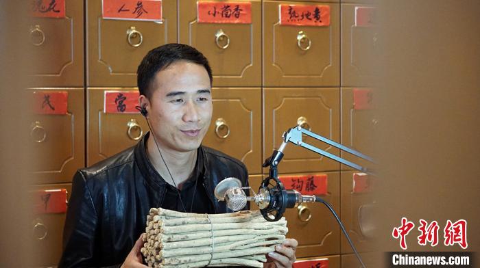图为庞侠平直播介绍道地中药材。 魏建军 摄