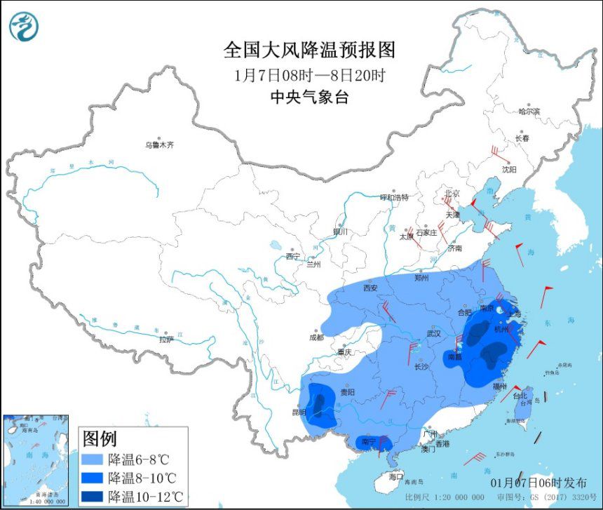 寒潮蓝色预警继续发布：安徽、江西等地局地降温可达10℃