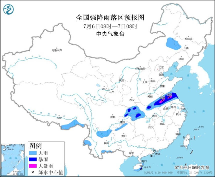 暴雨黄色预警继续发布：安徽、江苏等地局部地区有大暴雨