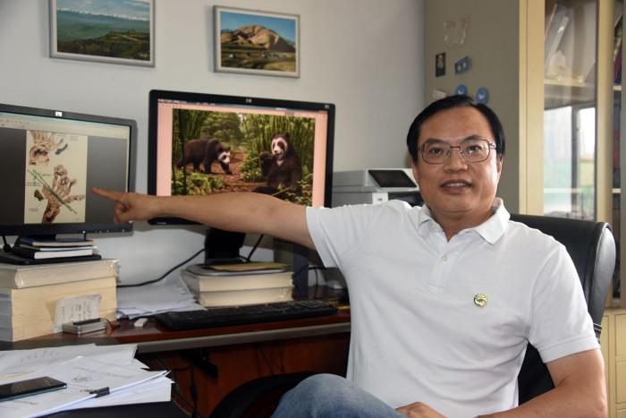 中科院古脊椎所邓涛研究员在北京接受采访，介绍大熊猫食性起源演化最新研究成果。　<a target='_blank' href='/'>中新社</a>记者 孙自法 摄